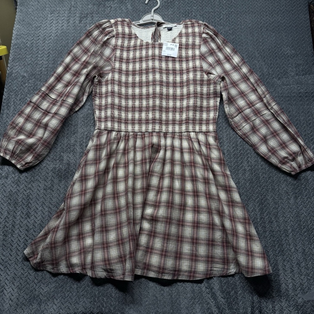 American Eagle Outfitters Dress Women's XL Plaid Long Sleeve Smocked Lined‎ NWT